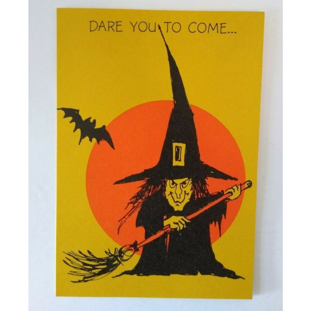 Vintage Halloween Greeting Card Party Invite Witch Big Moon Bat Original 1950's